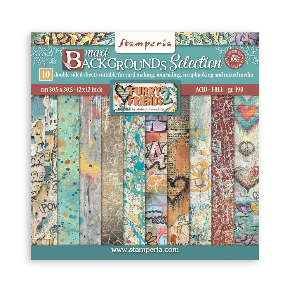 STAMPERIA STAMPERIA FURRY FRIENDS 2 BACKGROUNDS SELECTION 12x12 PAPER PACK 10 SHEETS