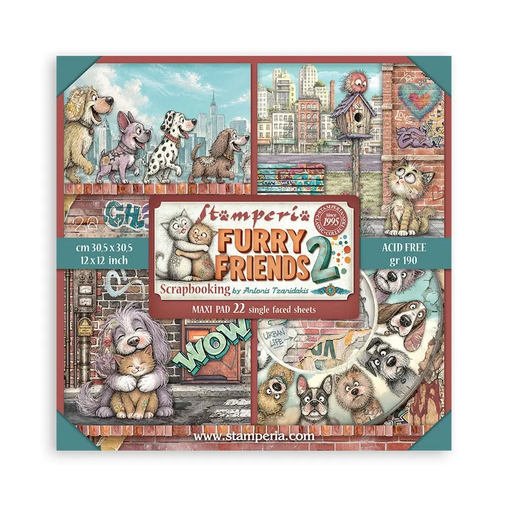 STAMPERIA STAMPERIA FURRY FRIENDS 2 MAXI PAD 12x12 PAPER PACK 22 SHEETS