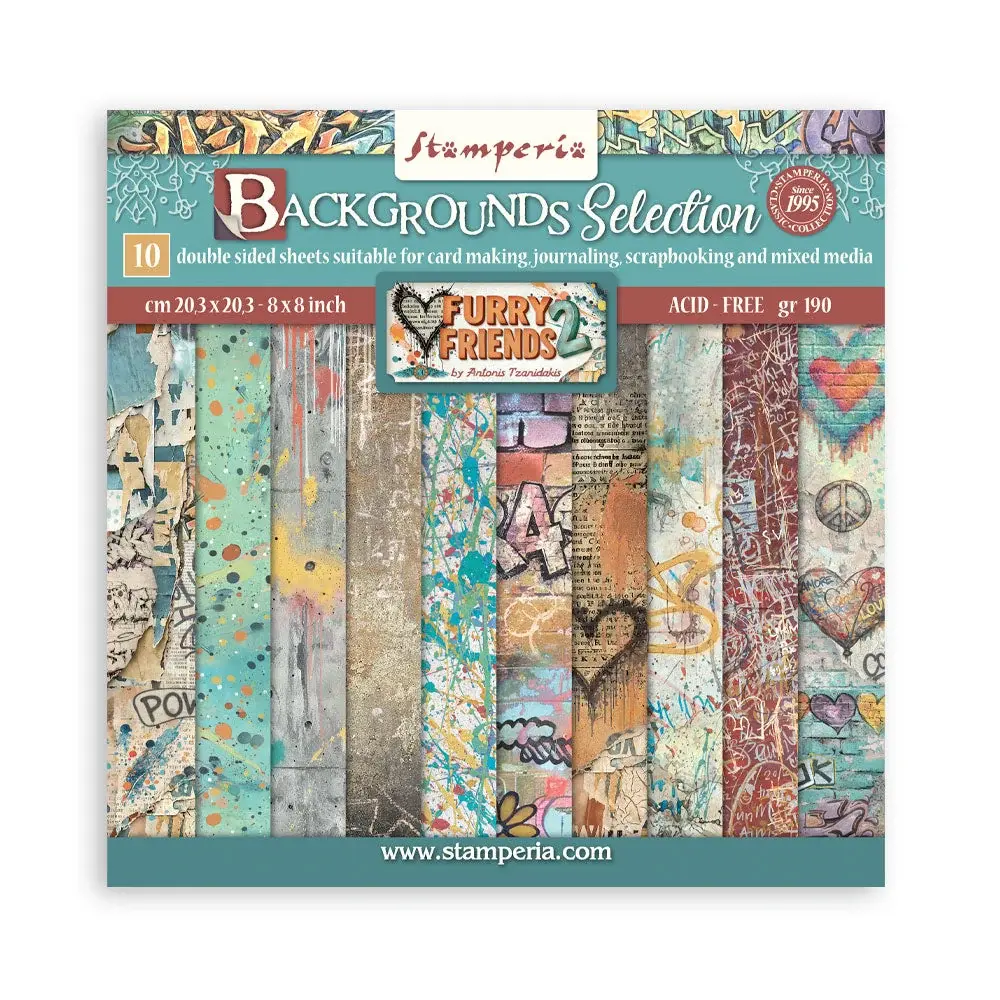 STAMPERIA STAMPERIA FURRY FRIENDS 2 BACKGROUNDS SELECTION 8x8 PAPER PACK 10 SHEETS