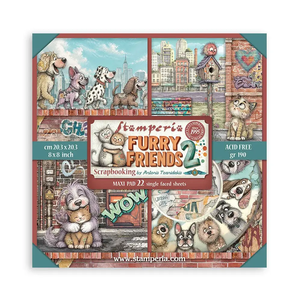 STAMPERIA STAMPERIA FURRY FRIENDS 2 MAXI PAD 8x8 PAPER PACK 22 SINGLE FACED SHEETS