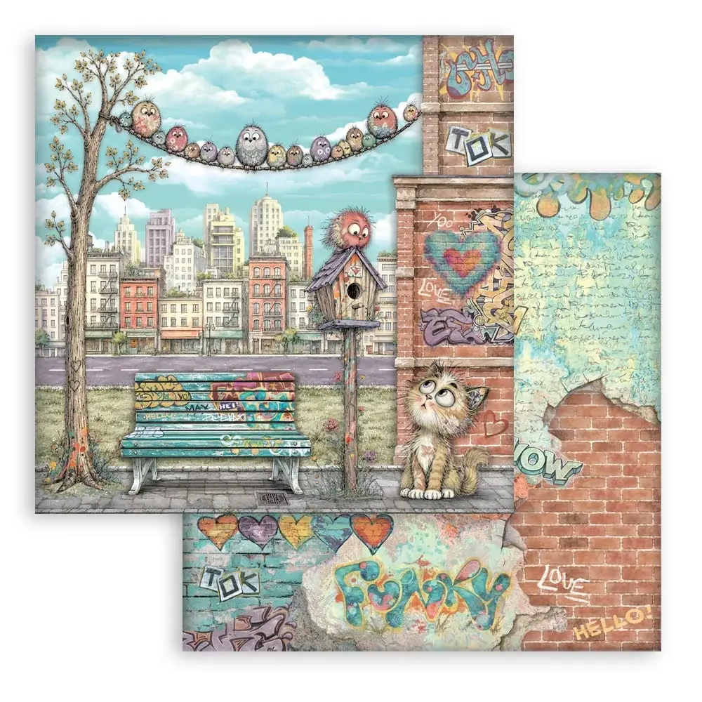 STAMPERIA STAMPERIA FURRY FRIENDS 2 BENCH AND NEST 12x12 CARDSTOCK