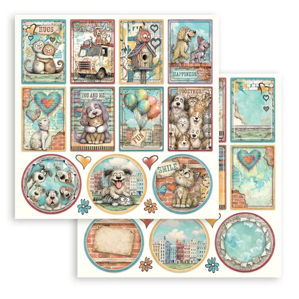 STAMPERIA STAMPERIA FURRY FRIENDS 2 SMALL CARDS AND ROUNDS 12x12 CARDSTOCK