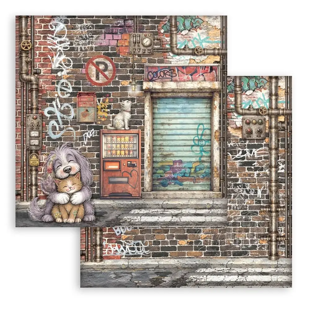STAMPERIA STAMPERIA FURRY FRIENDS 2 STREET ART DOG AND CAT 12x12 CARDSTOCK