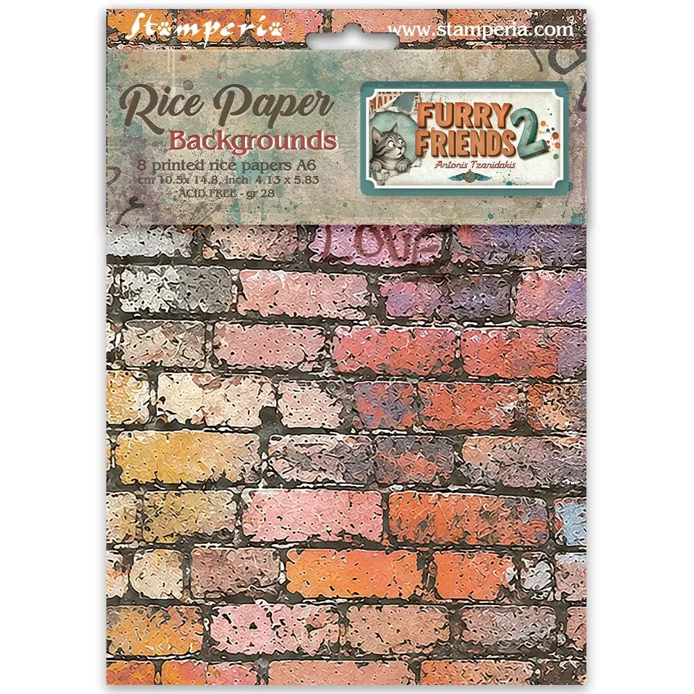 STAMPERIA STAMPERIA FURRY FRIENDS 2 ASSORTED A6 RICE PAPER DECOUPAGE BACKGROUNDS 10.5X14.8CM 8/PK