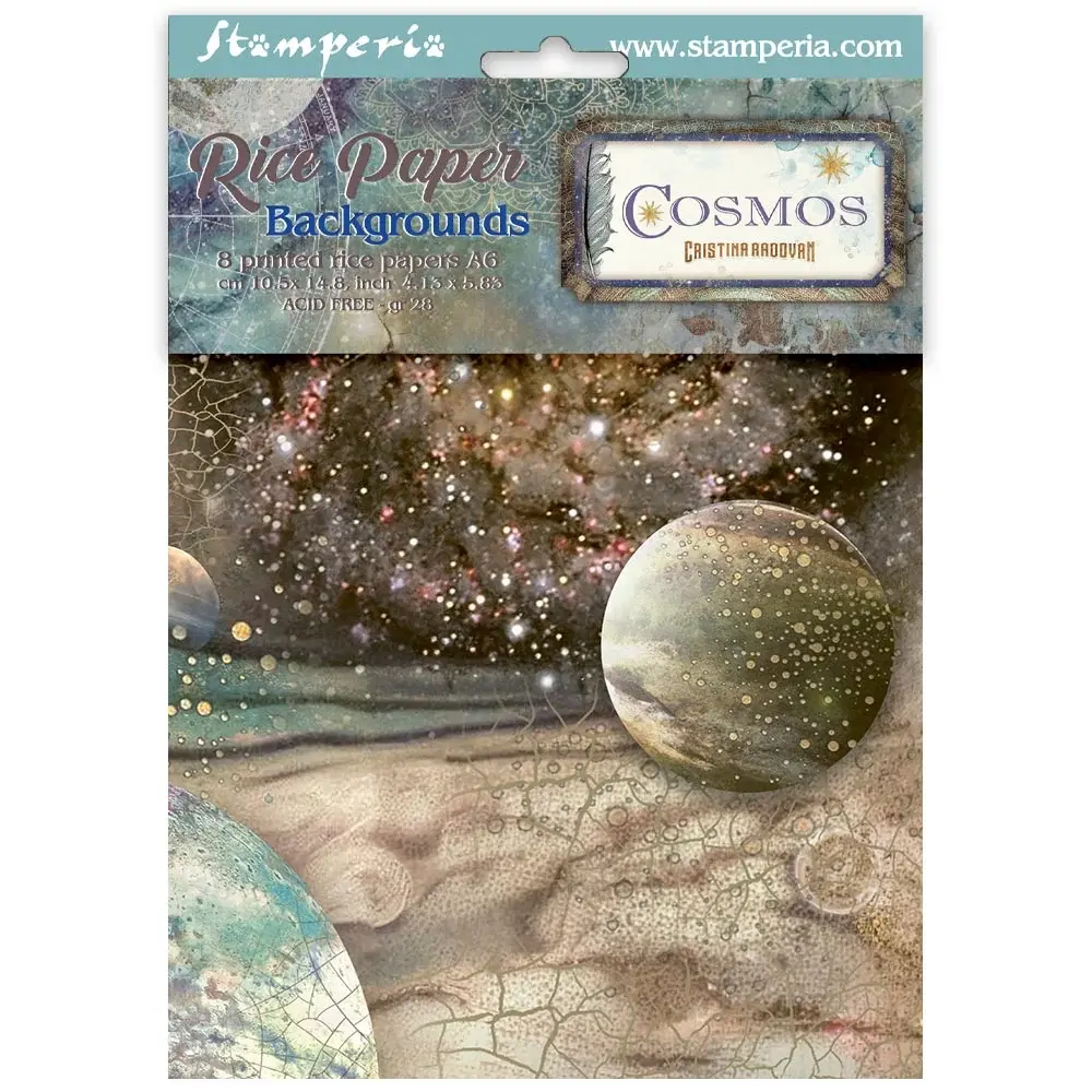 STAMPERIA STAMPERIA COSMOS ASSORTED A6 RICE PAPER DECOUPAGE BACKGROUNDS 10.5X14.8CM 8/PK