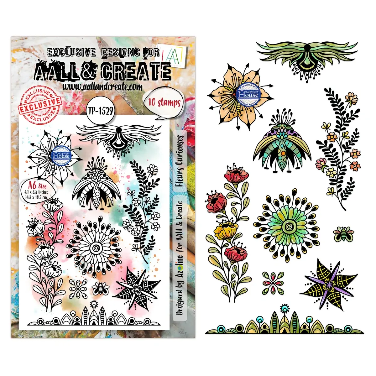 AALL & CREATE AALL & CREATE AZ LINE #1529 FLEURS CURIEUSES A6 CLEAR STAMP SET