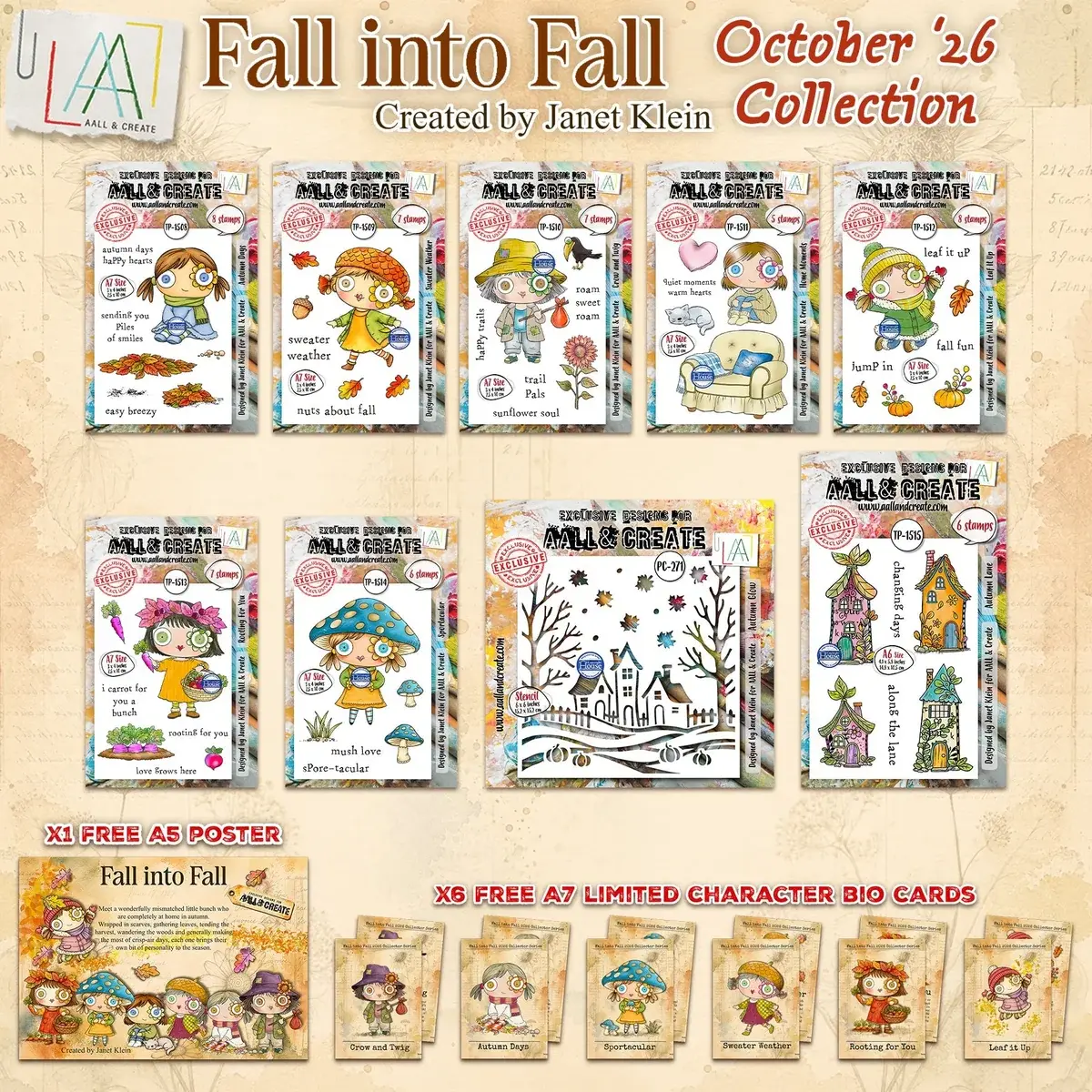AALL & CREATE AALL & CREATE JANET KLEIN FALL INTO FALL STAMP BUNDLE + FREE POSTER & BIO CARDS