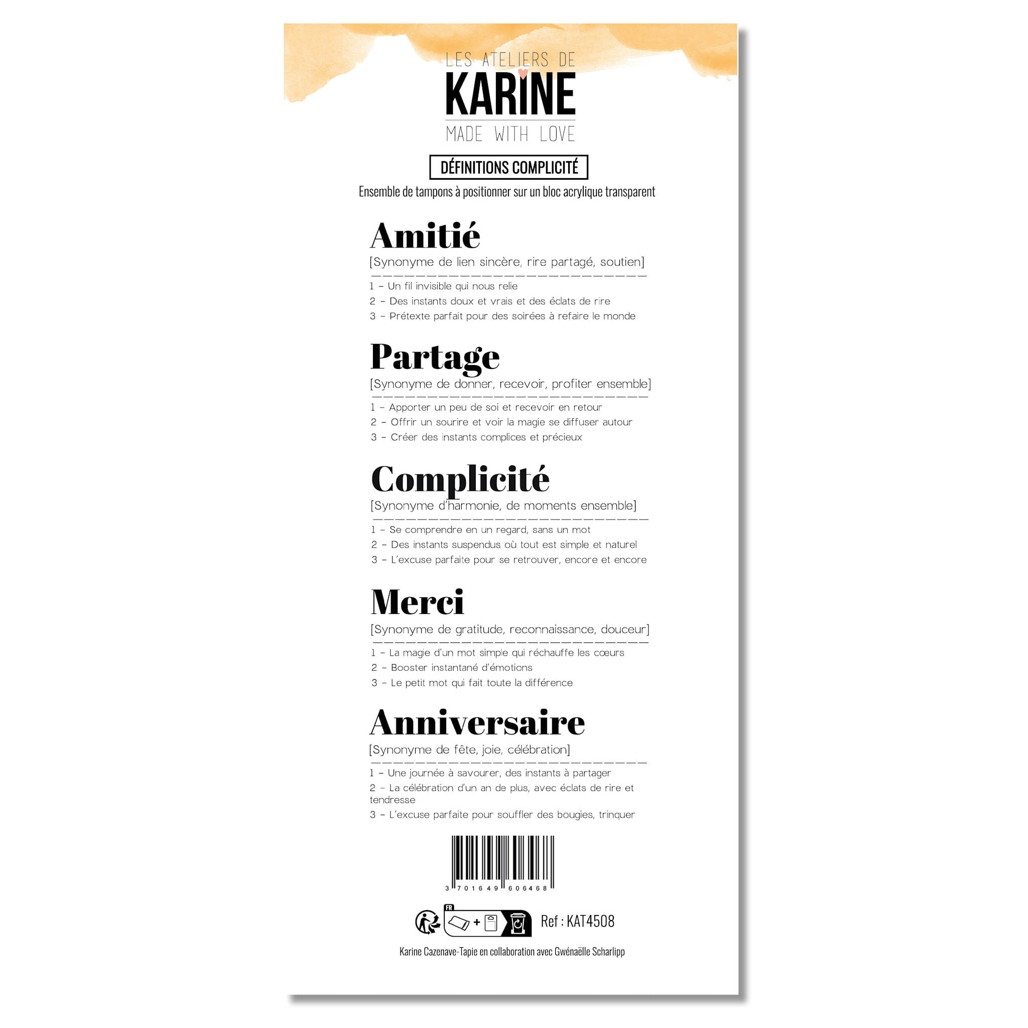 LES ATELIERS DE KARINE LES ATELIERS DE KARINE MADE WITH LOVE COMPLICITÉ DÉFINITIONS CLEAR STAMP SET