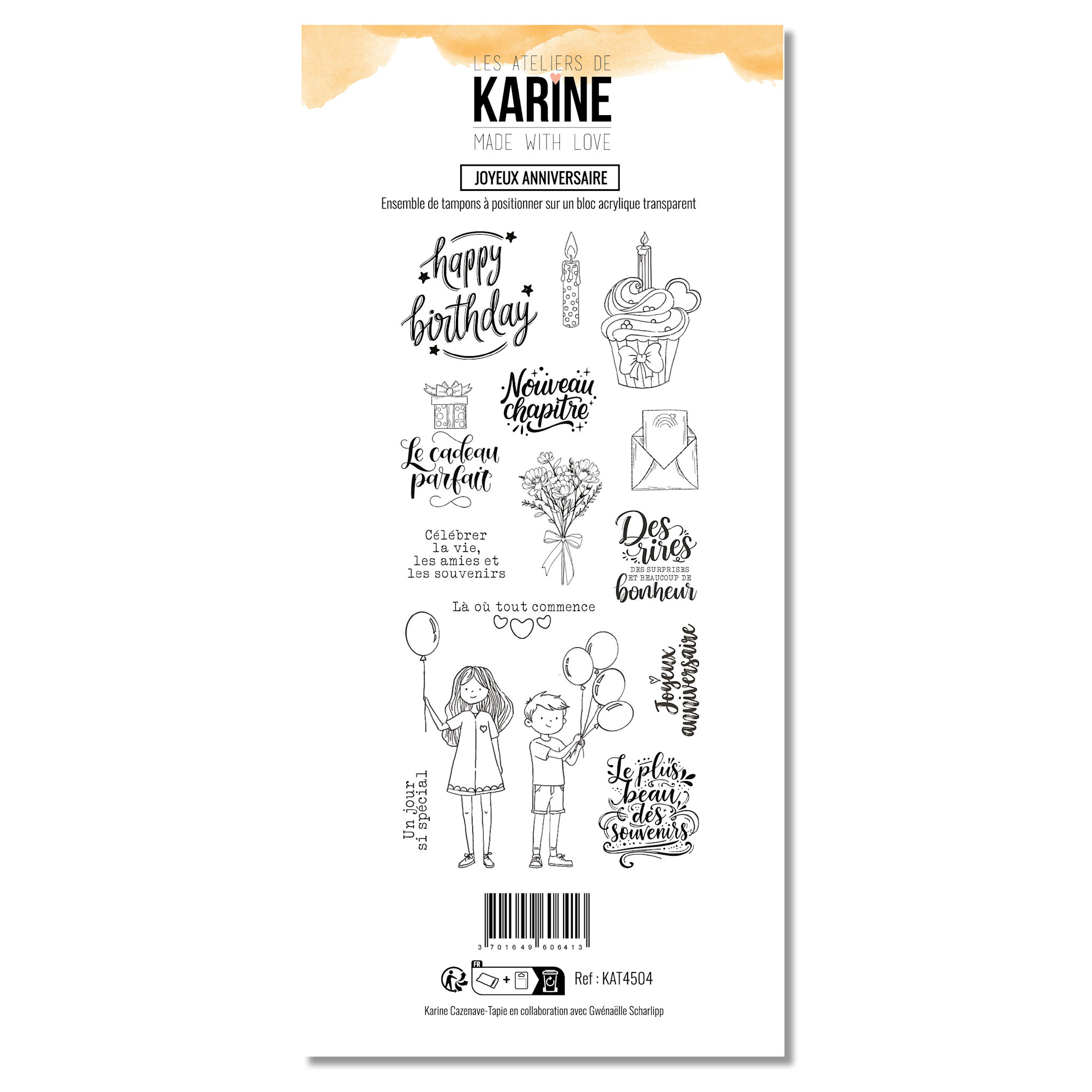 LES ATELIERS DE KARINE LES ATELIERS DE KARINE MADE WITH LOVE JOYEUX ANNIVERSAIRE CLEAR STAMP SET