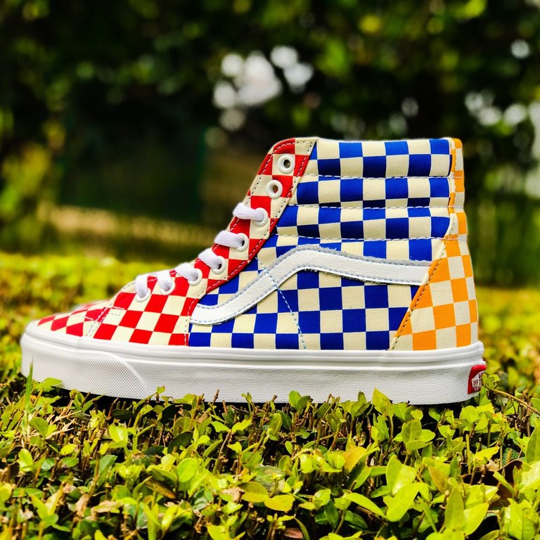 blue red and yellow checkered vans