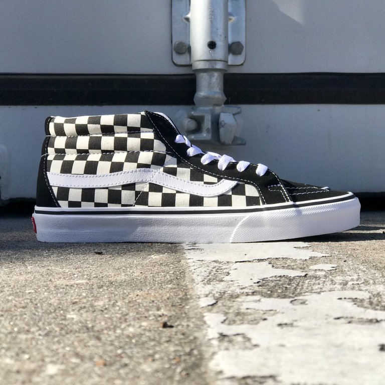 vans sk8 mid checkerboard on feet