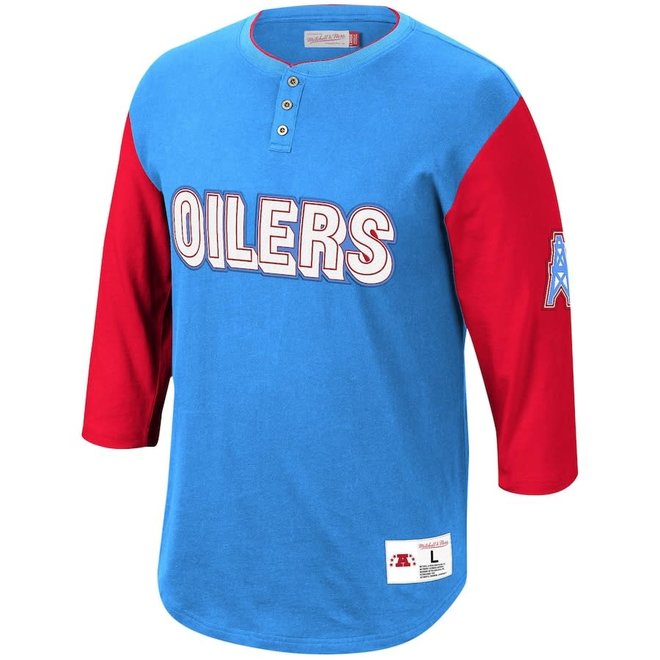 Men's New Era Light Blue/Red Houston Oilers League Raglan Throwback Long Sleeve T-Shirt