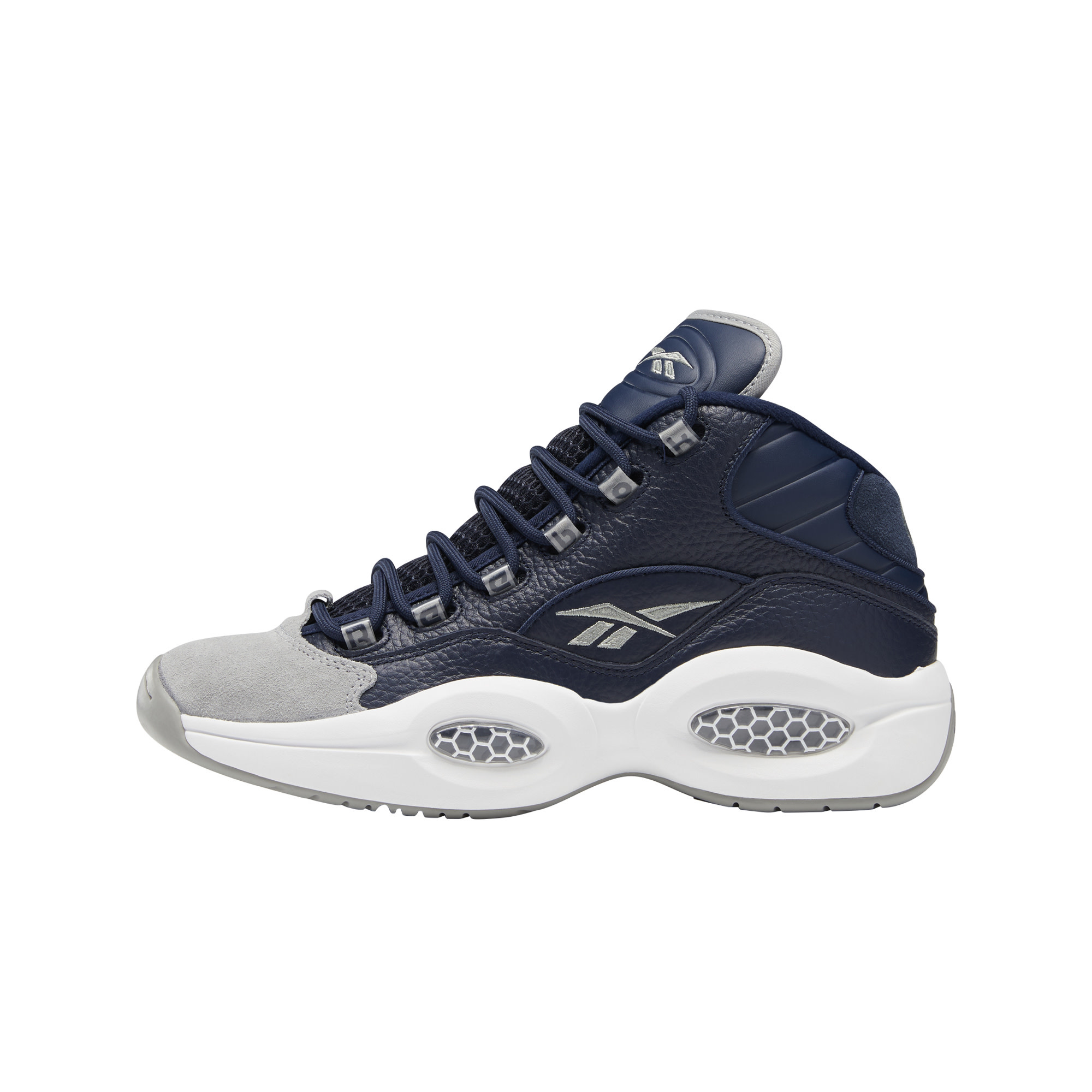 Details about   New Reebok Iverson Question Mid Navy Grey White J99179 Georgetown Hoyas Answer 