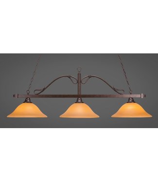 Toltec Lighting 823-BRZ-622 Scroll 3 Light Bar Shown In Bronze Finish With 16" Cayenne Linen Glass Billiard Bar Light