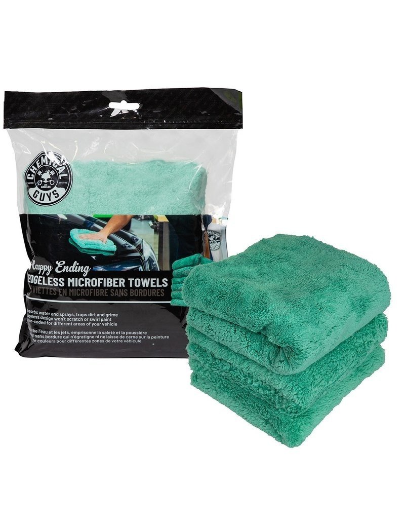Chemical Guys MIC34603 - Happy Ending Ultra Plush Edgeless Microfiber Towel, Green 16" x 16" (3 Pack)