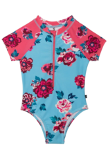 Deux par Deux Deux par Deux One Piece S/S Rashguard Swimsuit Pink and Blue Roses