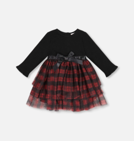 Deux par Deux Deux par Deux Infant Black L/S Dress with Tulle Skirt Buffalo Plaid