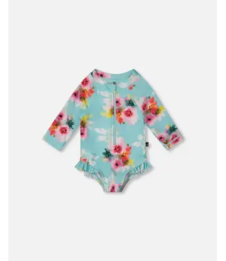 Deux par Deux Swim Suit Turquoise and Pink Flowers