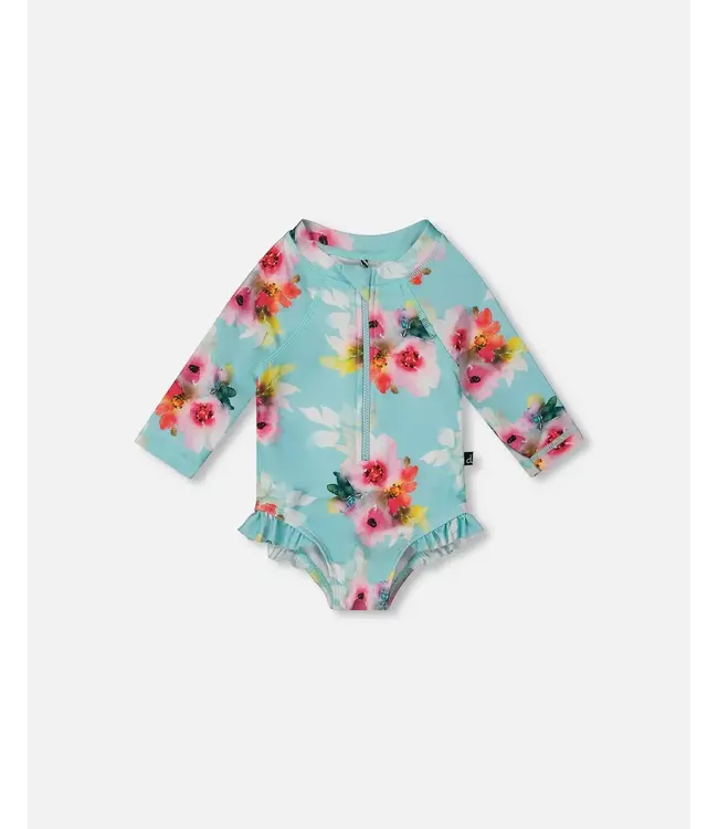 Deux par Deux Swim Suit Turquoise and Pink Flowers