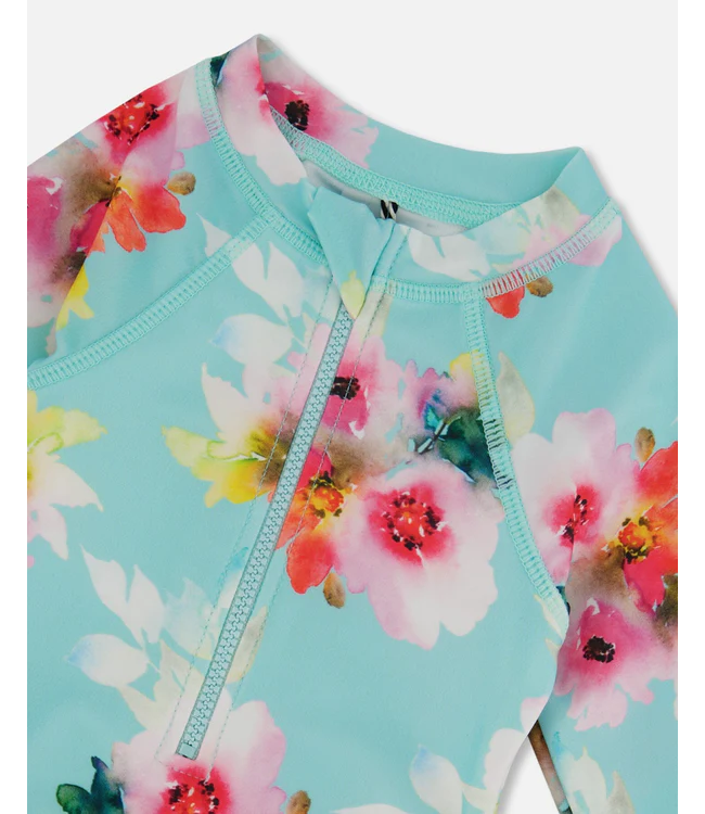Deux par Deux Swim Suit Turquoise and Pink Flowers