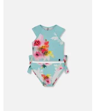 Deux par Deux Swim Set Turquoise and Pink Flowers