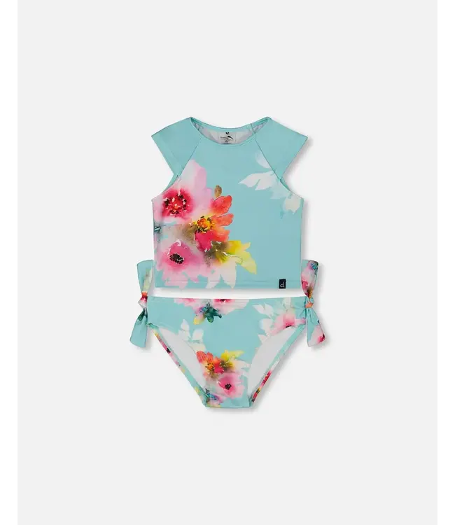 Deux par Deux Swim Set Turquoise and Pink Flowers