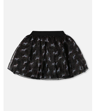 Deux par Deux Organza And Mesh Skirt Black With Unicorn Print