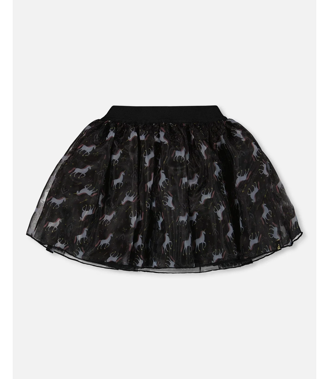 Deux par Deux Organza And Mesh Skirt Black With Unicorn Print