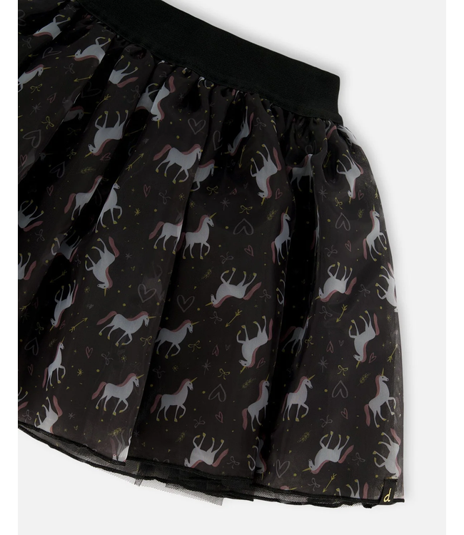 Deux par Deux Organza And Mesh Skirt Black With Unicorn Print
