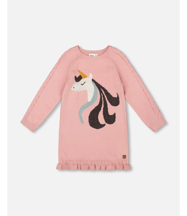 Deux par Deux Knitted Dress Dusty Pink With Unicorn Intarsia