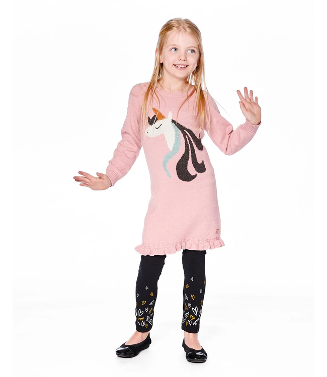 Deux par Deux Knitted Dress Dusty Pink With Unicorn Intarsia