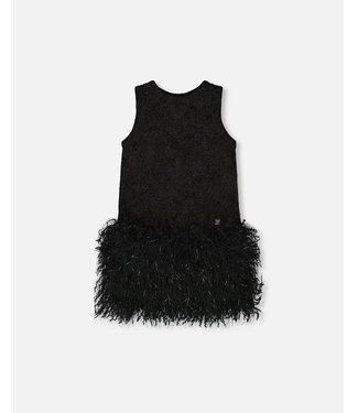 Deux par Deux Sleeveless Bi-Material Lurex Dress With Feathers Black