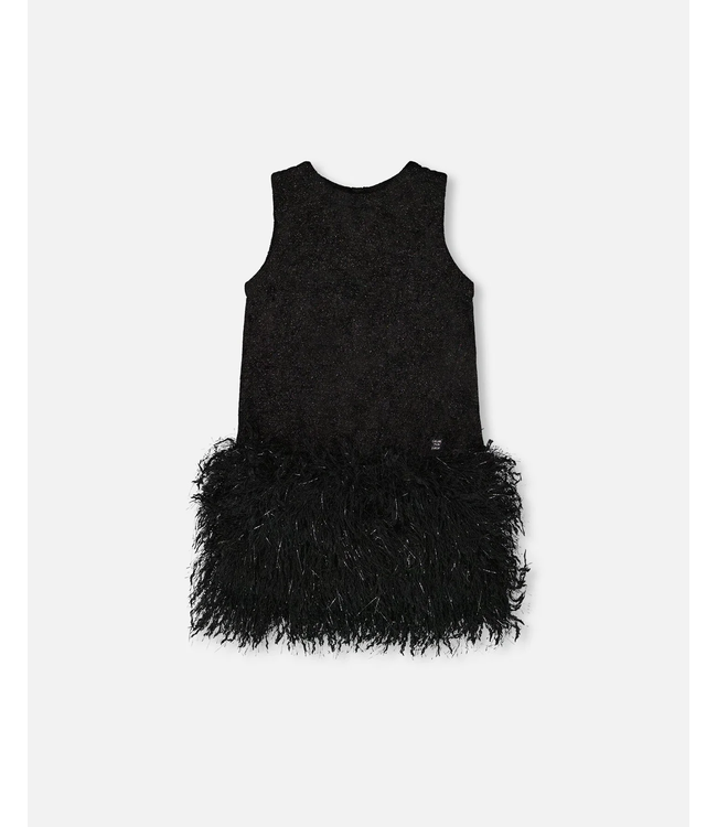 Deux par Deux Sleeveless Bi-Material Lurex Dress With Feathers Black