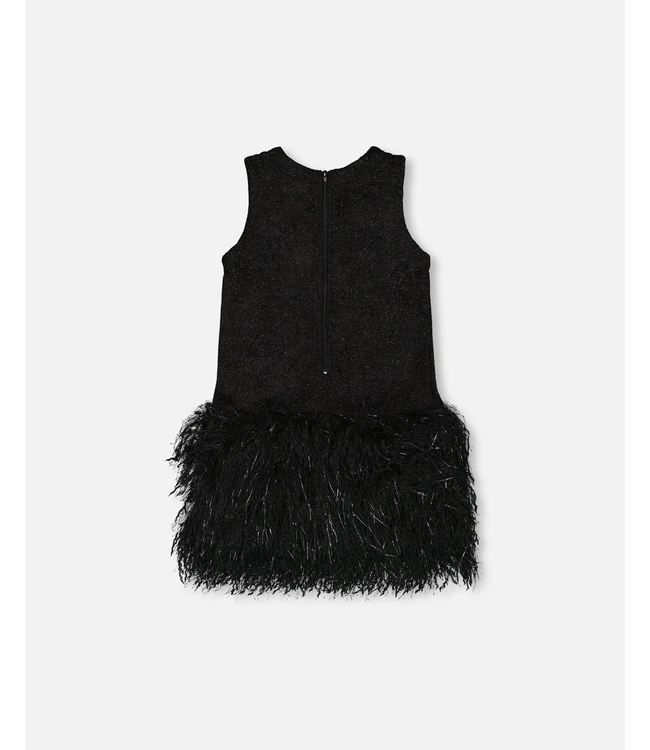 Deux par Deux Sleeveless Bi-Material Lurex Dress With Feathers Black