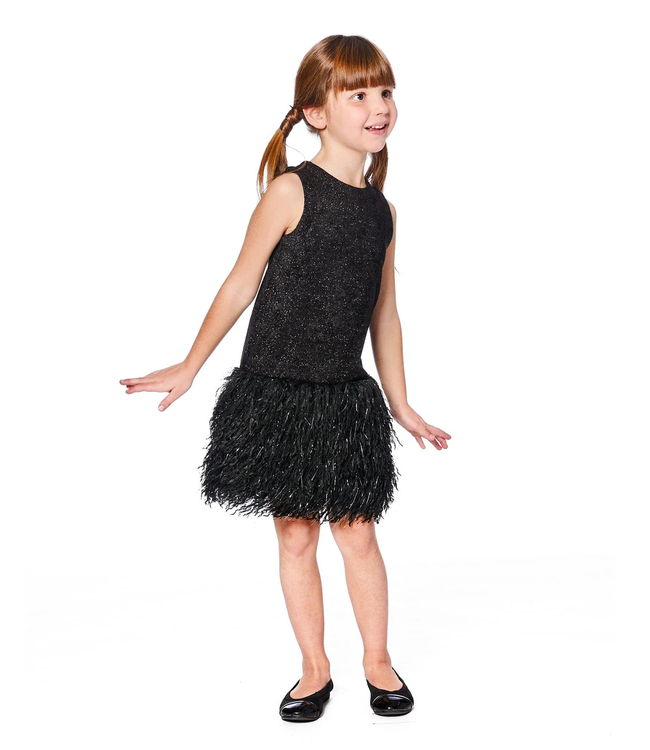 Deux par Deux Sleeveless Bi-Material Lurex Dress With Feathers Black