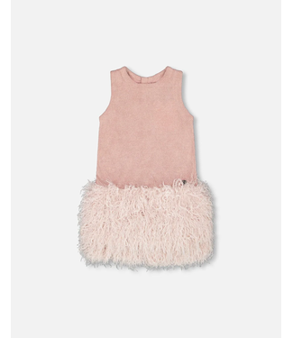 Deux par Deux Sleeveless Bi-Material Lurex Dress With Feathers Light Pink