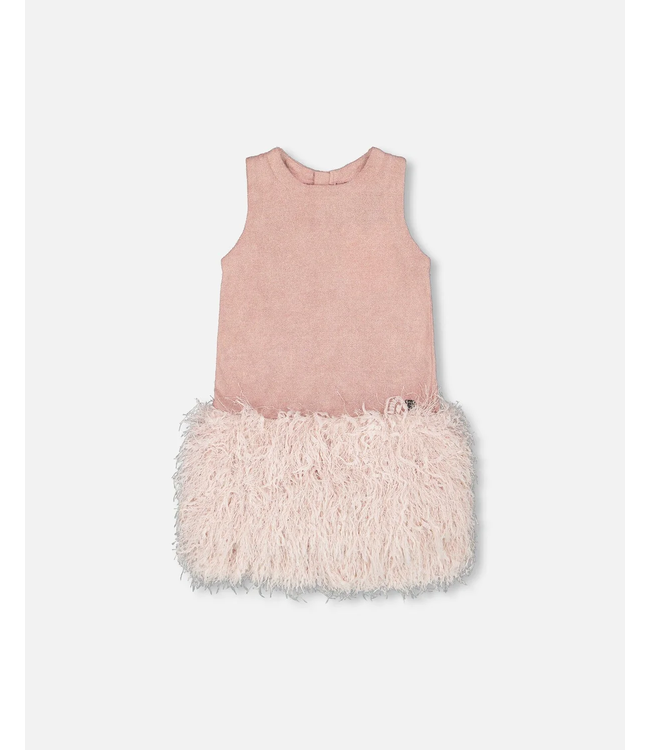 Deux par Deux Sleeveless Bi-Material Lurex Dress With Feathers Light Pink