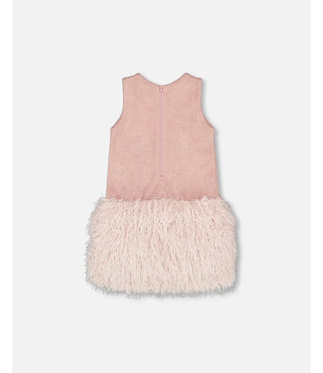Deux par Deux Sleeveless Bi-Material Lurex Dress With Feathers Light Pink