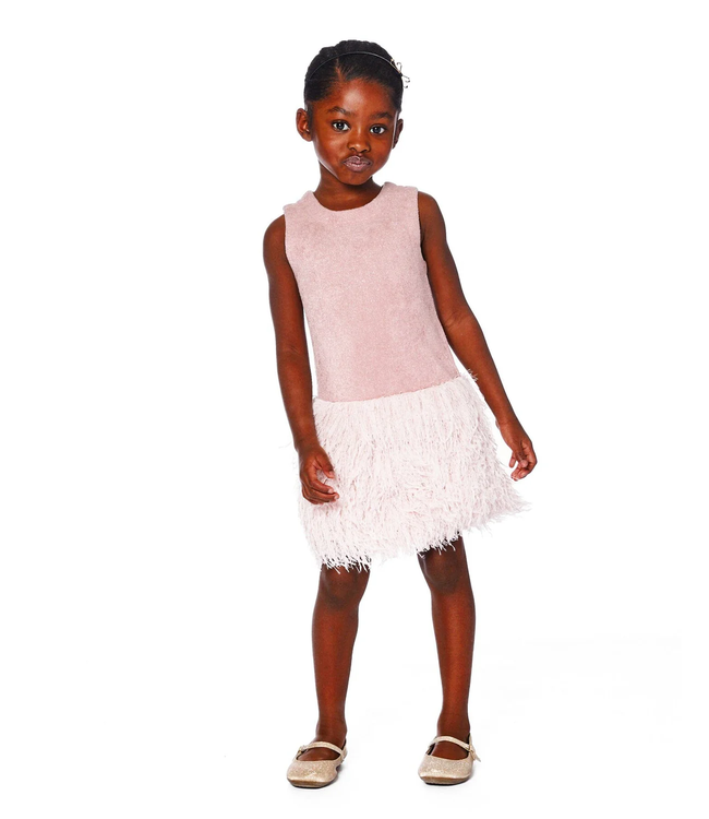 Deux par Deux Sleeveless Bi-Material Lurex Dress With Feathers Light Pink