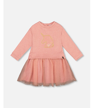 Deux par Deux Bi-Material Dress Dusty Pink With Mesh Skirt And Unicorn