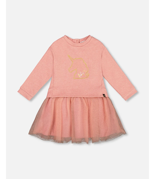 Deux par Deux Bi-Material Dress Dusty Pink With Mesh Skirt And Unicorn