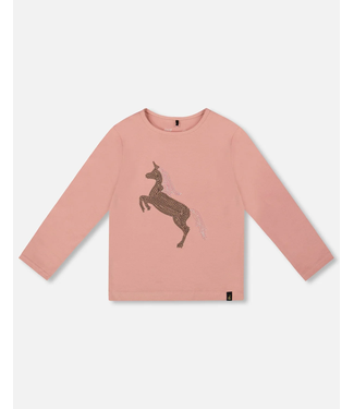 Deux par Deux Organic Cotton Long Sleeve T-Shirt Dusty Pink With Sequin Unicorn