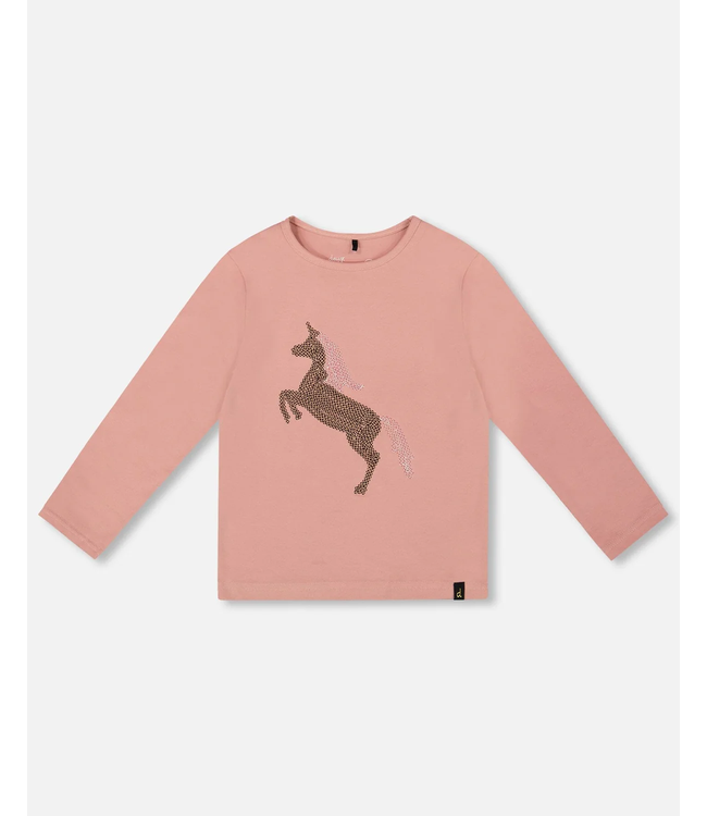 Deux par Deux Organic Cotton Long Sleeve T-Shirt Dusty Pink With Sequin Unicorn