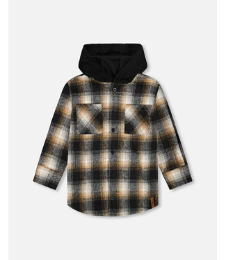 Deux par Deux Hooded Polar Fleece Overshirt With Hood Black And Brown Plaid