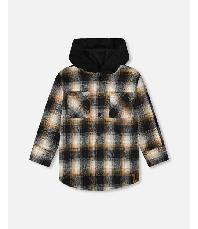 Deux par Deux Hooded Polar Fleece Overshirt With Hood Black And Brown Plaid