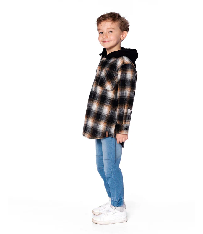 Deux par Deux Hooded Polar Fleece Overshirt With Hood Black And Brown Plaid