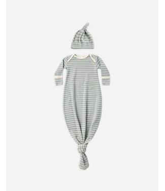 Quincy Mae Knotted Baby Gown + Hat Set Steel Blue Micro Stripe