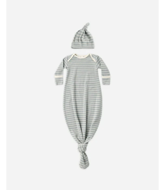 Quincy Mae Knotted Baby Gown + Hat Set Steel Blue Micro Stripe