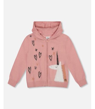 Deux par Deux Hooded Knit Cardigan Dusty Pink With Unicorn Intarsia