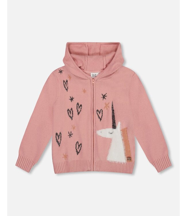 Deux par Deux  Hooded Knit Cardigan Dusty Pink With Unicorn Intarsia